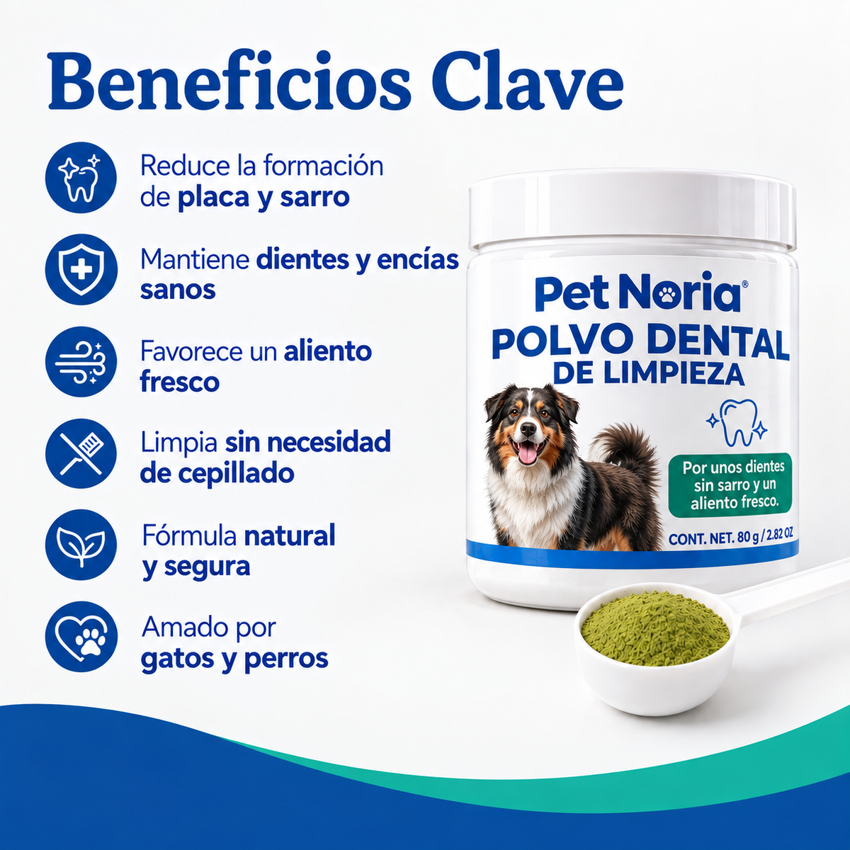 ¿Tu perro tiene sarro o mal aliento? - Pet Noria ayuda a eliminar el sarro en sus dientes con solo una porción al día.